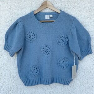 Joie Blue Crochet Knit Top Pullover Short Sleeve XL Extra Large Cottagecore‎ NWT